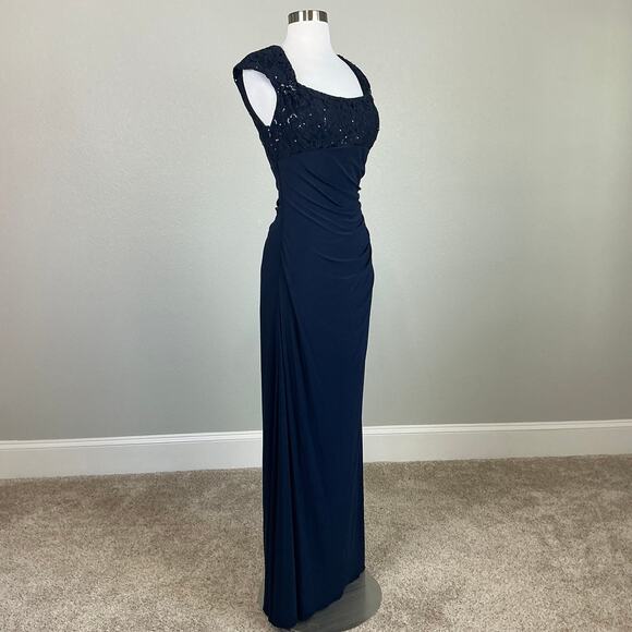 Betsy & Adam Sequined Lace Embellished Long Column Evening Gown Navy Blue Size 8 - Picture 2 of 13